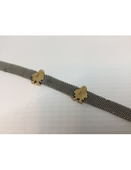 Pulsera Tous de malla de acero con cierre y motivos en oro.