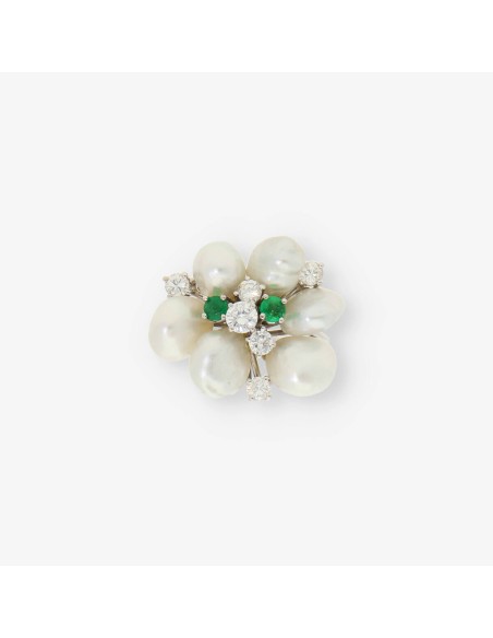 Anillo oro blanco 18kt con perlas brillantes y esmeraldas