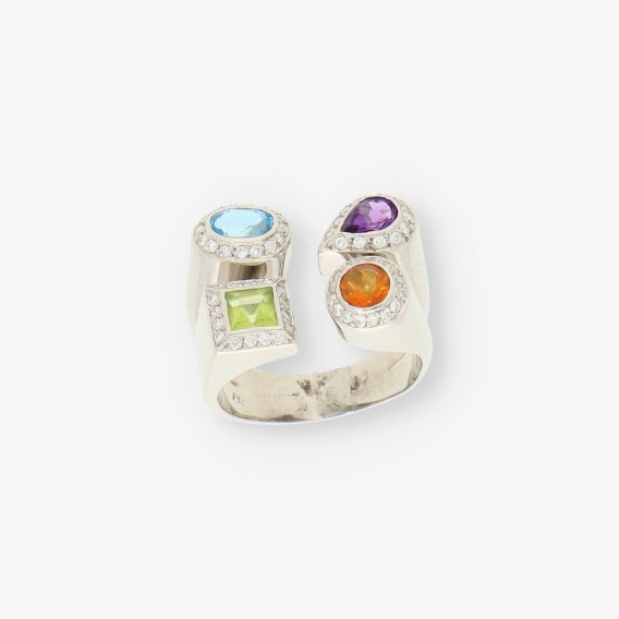 Anillo en oro blanco 18kt con brillantes y piedras semipreciosas