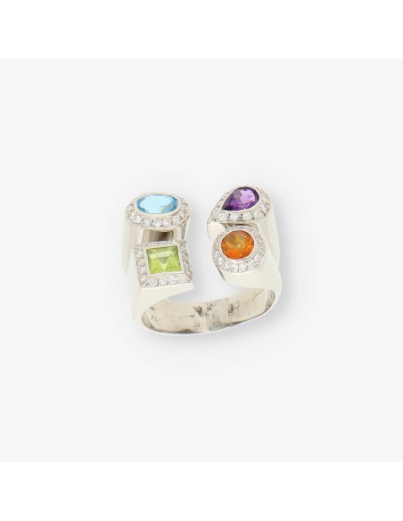 Anillo en oro blanco 18kt con brillantes y piedras semipreciosas