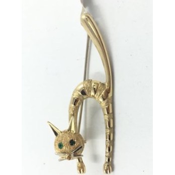 Broche gato en oro con ojos de esmeralda