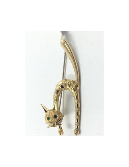 Broche gato en oro con ojos de esmeralda