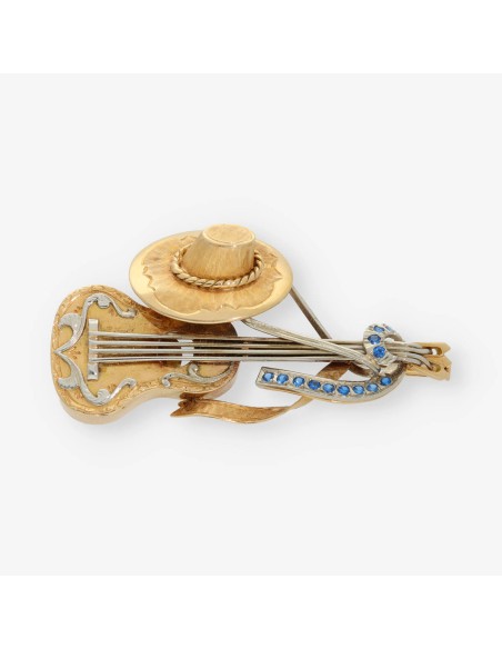 Broche sombrero y guitarra oro 18kt