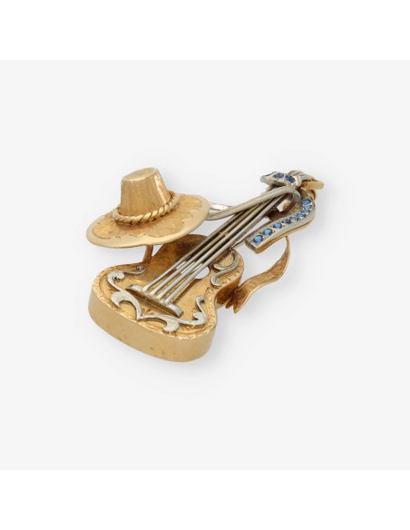 Broche sombrero y guitarra oro 18kt